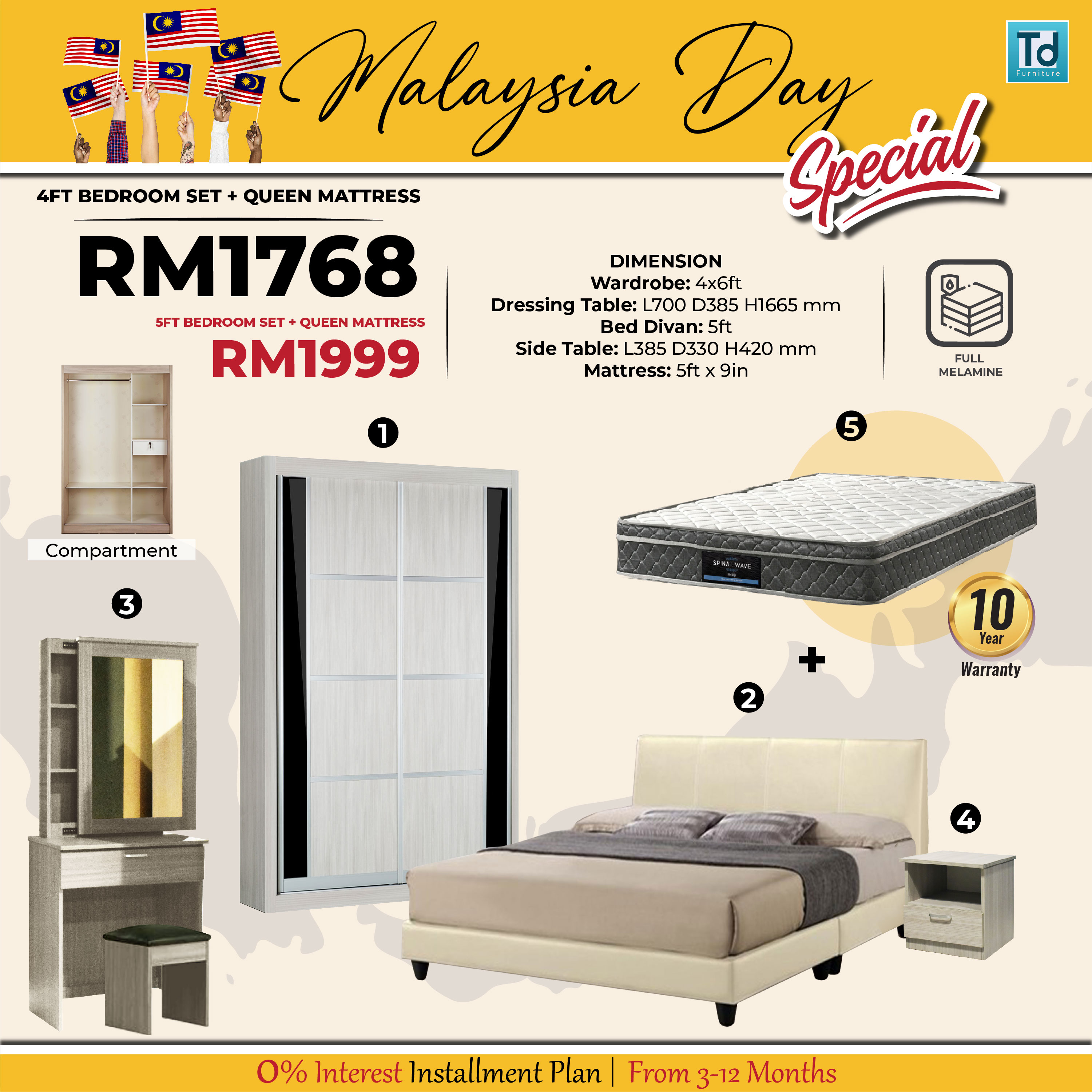 MALAYSIA DAY SPECIAL 5'FT ROOM SET FOC 5'MATTRESS